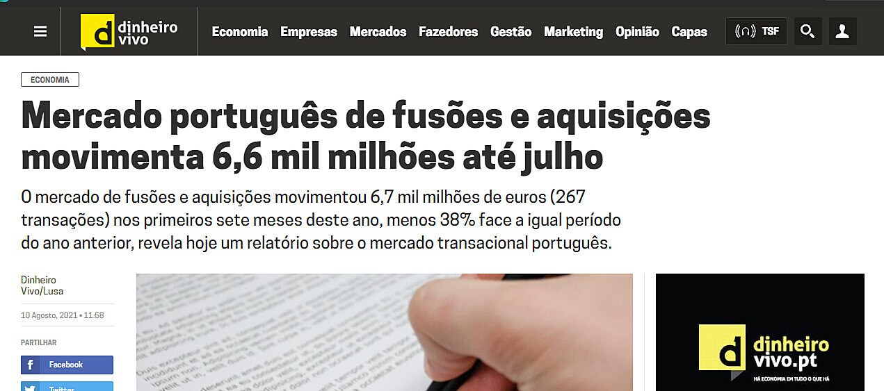 Mercado portugus de fuses e aquisies movimenta 6,6 mil milhes at julho